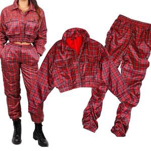 Labijou Tartan Plaid Jogger Set Womens S Red Ruched Streetwear Hip Hop‎ Clubwear